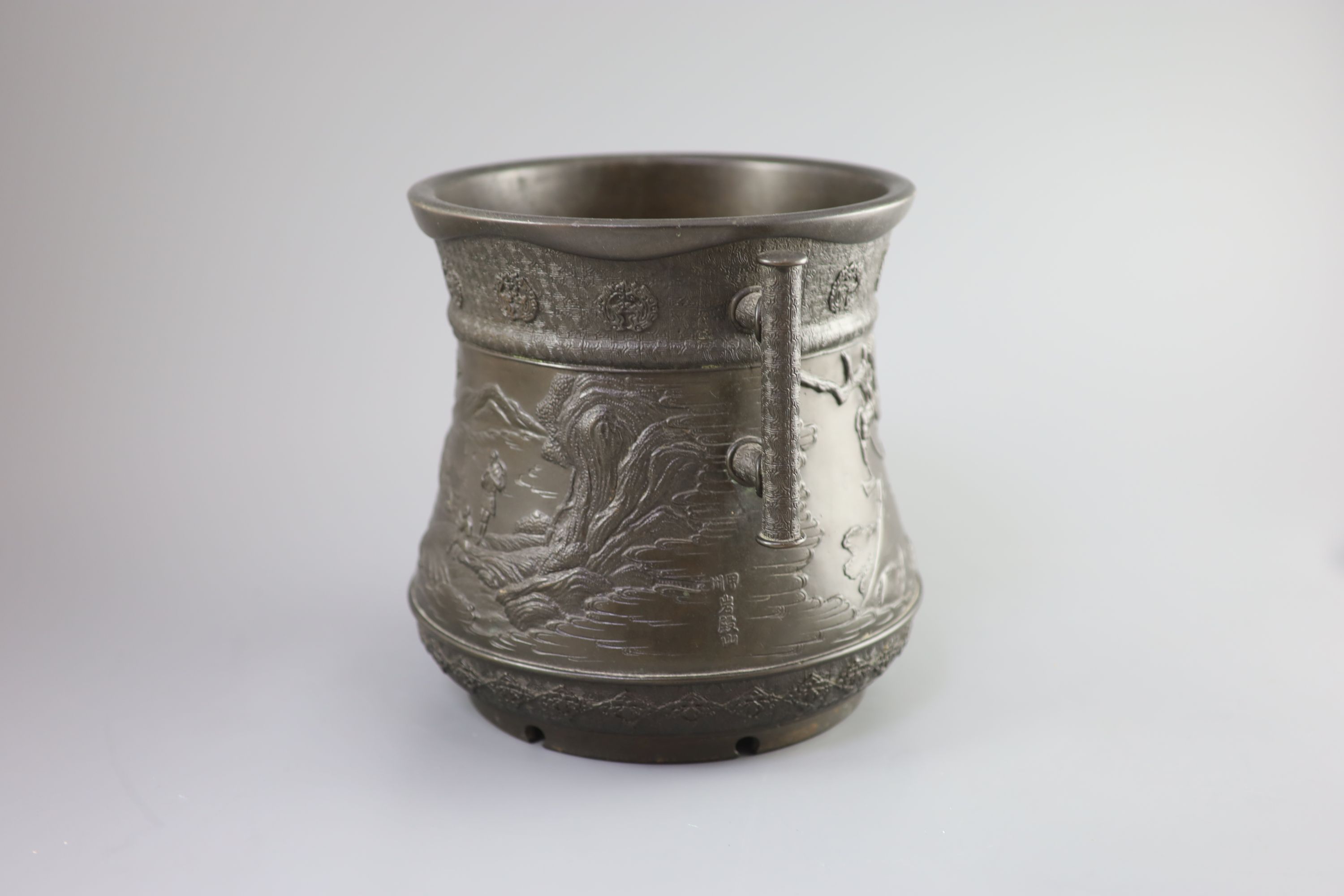 A Japanese archaistic bronze two-handled vessel, Meiji period 25cm high, 28.5cm wide
